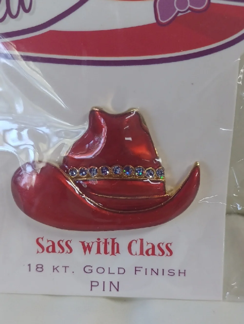 New In Pkg Red H'attitude Cowboy Hat Pin With Rhinestones and 18k Gold Finish - Picture 3 of 9